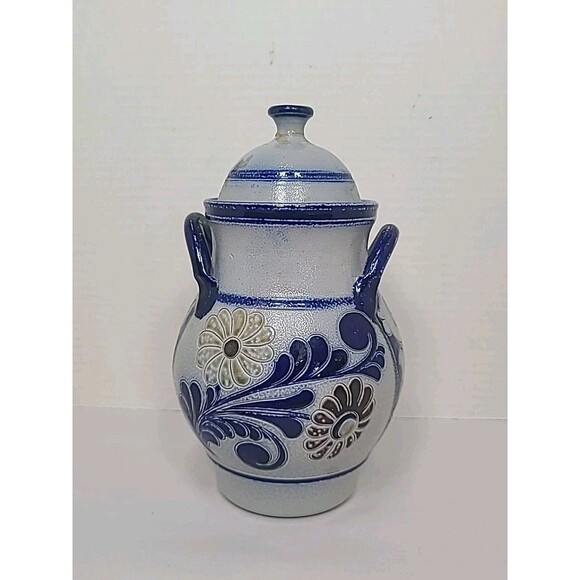 Rumtopf Crock Fermenting Jar w/ Lid Blue Salz Glazed Canister 8.5" Repaired - Picture 3 of 9